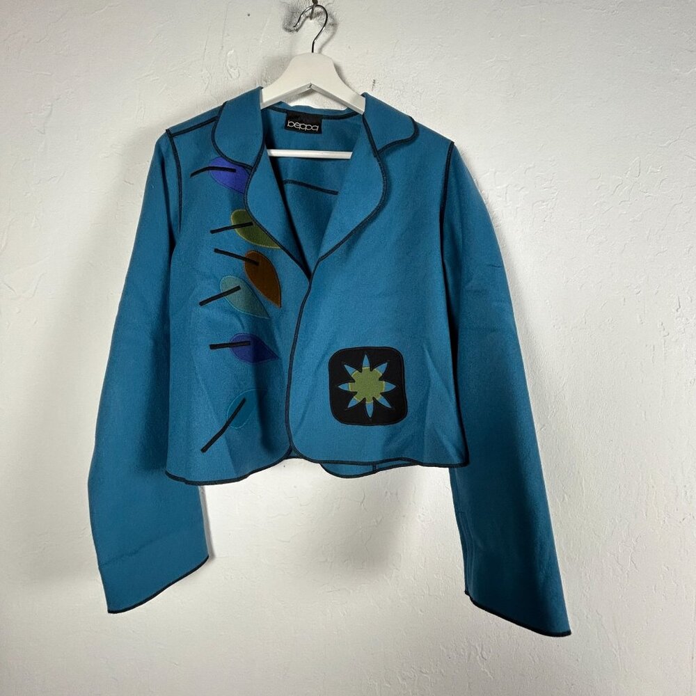 Vintage Beppa Womens Wearable Art Blue Leaf Appliqué Cropped Wool Jacket XS USA